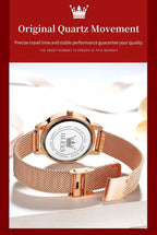 Mandotos OLEVS luxury women's rose gold quartz watch with stainless steel mesh strap and love dial, stylish fashion accessory.