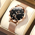 Mandotos OLEVS luxury women's rose gold quartz watch with stainless steel mesh strap and love dial design.