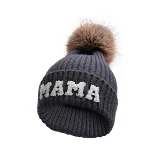 Set of three MANDOTOS parent-child matching beanie hats in cozy winter knit for mama, papa, and baby.