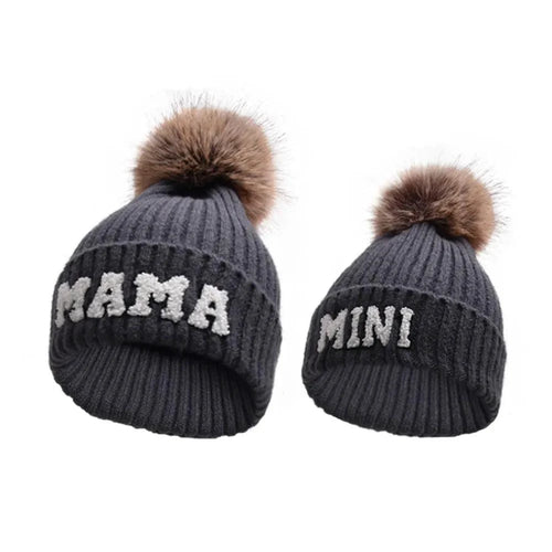 Matching parent-child beanie hats set by MANDOTOS, featuring cozy winter hats for mama, papa, and baby in a 3-piece set.