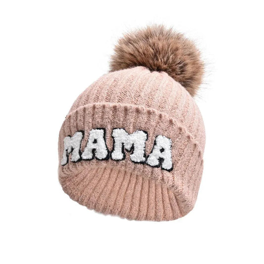Matching parent-child beanie hats set by MANDOTOS, includes three cozy winter hats for mama, papa, and baby.