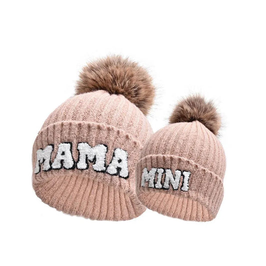 Set of three MANDOTOS parent-child matching beanie hats in cozy winter knit for mama, papa, and baby.