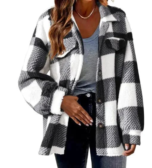 Mandotos plaid wool jacket with turndown collar, featuring a stylish checkered pattern and cozy fabric for cold weather.