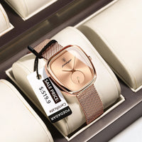 Mandotos POEDAGAR elegant women's mesh watch with stainless steel strap, waterproof quartz movement, stylish timepiece for ladies