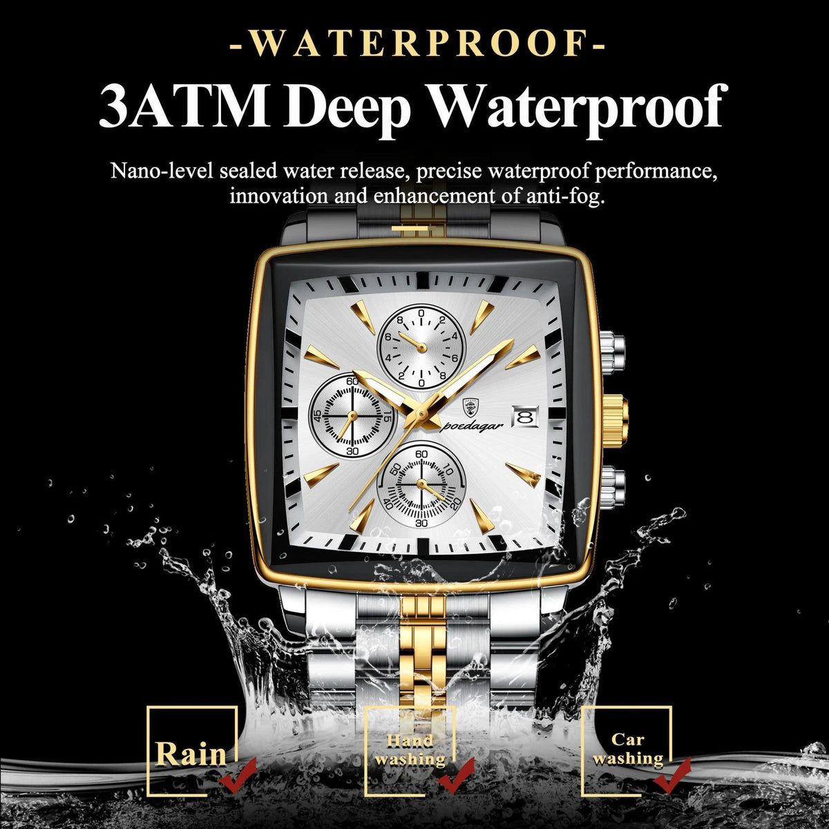 Mandotos POEDAGAR luxury men's chronograph watch with stainless steel band, luminous dial, waterproof, sporty design.
