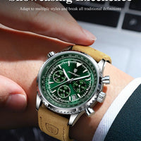 Mandotos POEDAGAR men's luxury quartz chronograph watch with leather strap, luminous dial, waterproof design, military sports style.