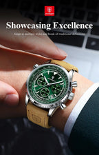 Mandotos POEDAGAR men's luxury quartz chronograph watch with leather strap, luminous dial, waterproof design, military sports style.