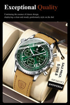 Mandotos POEDAGAR men's luxury quartz chronograph watch with waterproof, luminous dial, leather strap, military sports style.