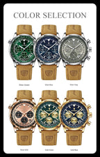 Mandotos POEDAGAR men's luxury quartz chronograph watch with waterproof leather strap, luminous dial, and military sports style design.