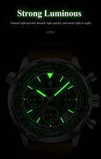 Mandotos POEDAGAR men's luxury quartz chronograph watch with waterproof leather strap, luminous dial, and military sports style.