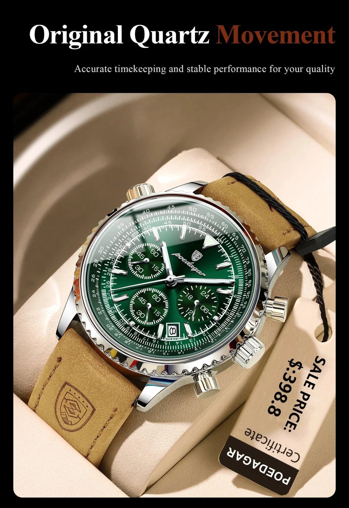 Mandotos POEDAGAR men's luxury quartz chronograph watch with waterproof leather strap, luminous dial, military sports style.