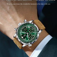 Mandotos POEDAGAR men's luxury quartz chronograph watch with leather strap, waterproof, luminous dial, military sports style.
