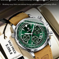 Mandotos POEDAGAR men's luxury quartz chronograph watch with waterproof leather strap and luminous dial in military sports style.