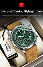 Mandotos POEDAGAR men's luxury quartz chronograph watch with waterproof leather strap and luminous dial in military sports style.