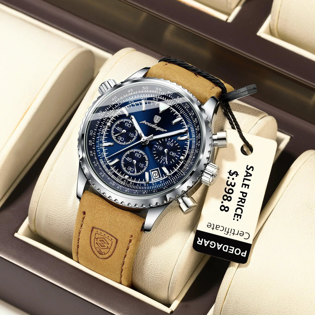 Mandotos POEDAGAR men's luxury quartz chronograph watch with waterproof leather strap, luminous dial, military sports style.