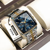 Mandotos POEDAGAR men's square chronograph watch with luminous dial, waterproof stainless steel case, and quartz movement.