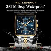 Mandotos POEDAGAR men's square chronograph watch with luminous dial, waterproof stainless steel case, and quartz movement.
