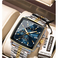 Mandotos POEDAGAR men's square chronograph watch with luminous dial, waterproof stainless steel case, and quartz movement.
