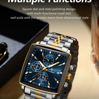 Mandotos POEDAGAR men's square chronograph watch with luminous dial, waterproof stainless steel case, and quartz movement.