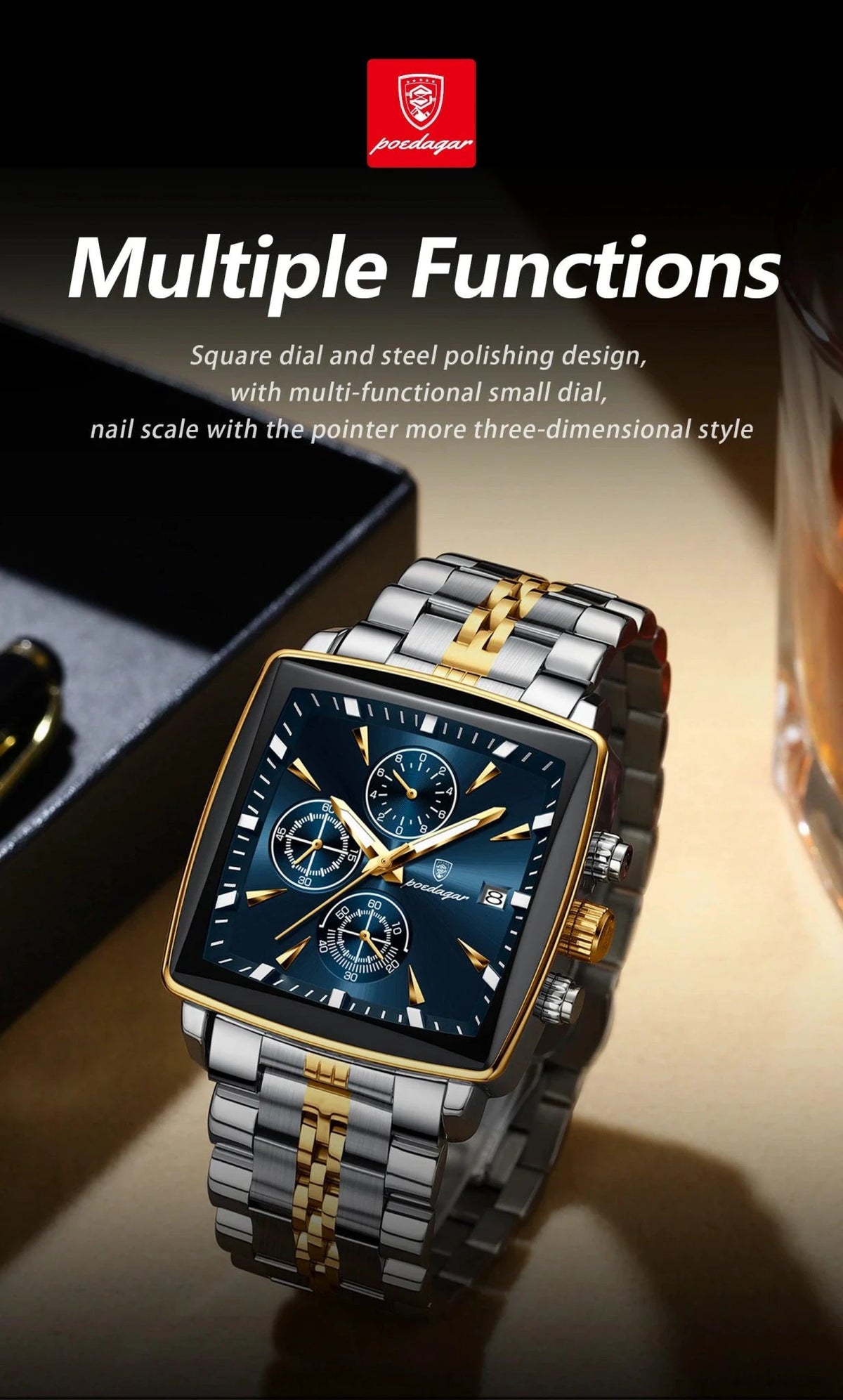 Mandotos POEDAGAR men's square chronograph watch with luminous dial, waterproof stainless steel case, and quartz movement.