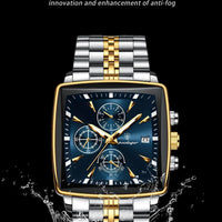 Mandotos POEDAGAR men's square chronograph watch with luminous dial, waterproof stainless steel case, and quartz movement.