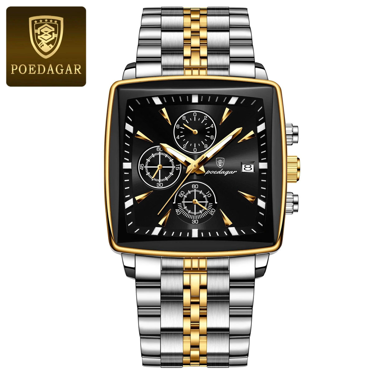 Mandotos POEDAGAR men's square chronograph watch with luminous dial, waterproof stainless steel case, and quartz movement.