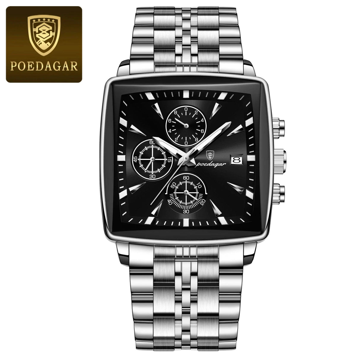 Mandotos POEDAGAR men's square chronograph watch with luminous dial, waterproof stainless steel case, and quartz movement.