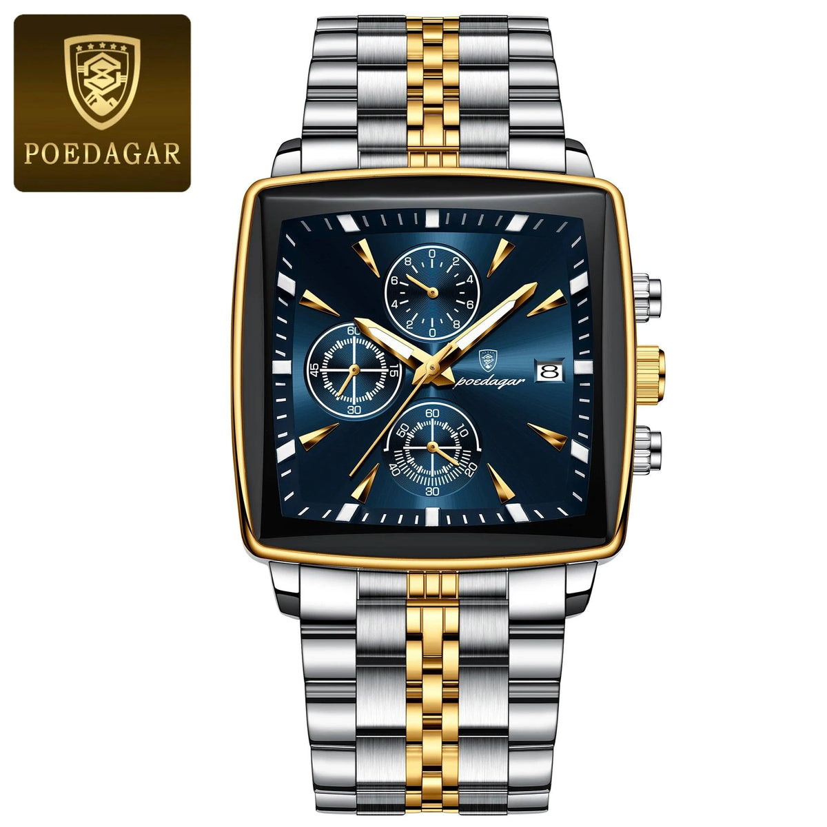 Mandotos POEDAGAR men's square chronograph watch with luminous dial, waterproof stainless steel case, and quartz movement.