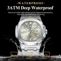 Mandotos POEDAGAR military square men's watch with stainless steel case, luminous dial, waterproof design, and date-week display.