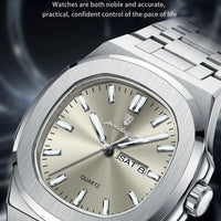 Mandotos POEDAGAR military square men's watch with stainless steel case, waterproof design, luminous dial, date, and week display.