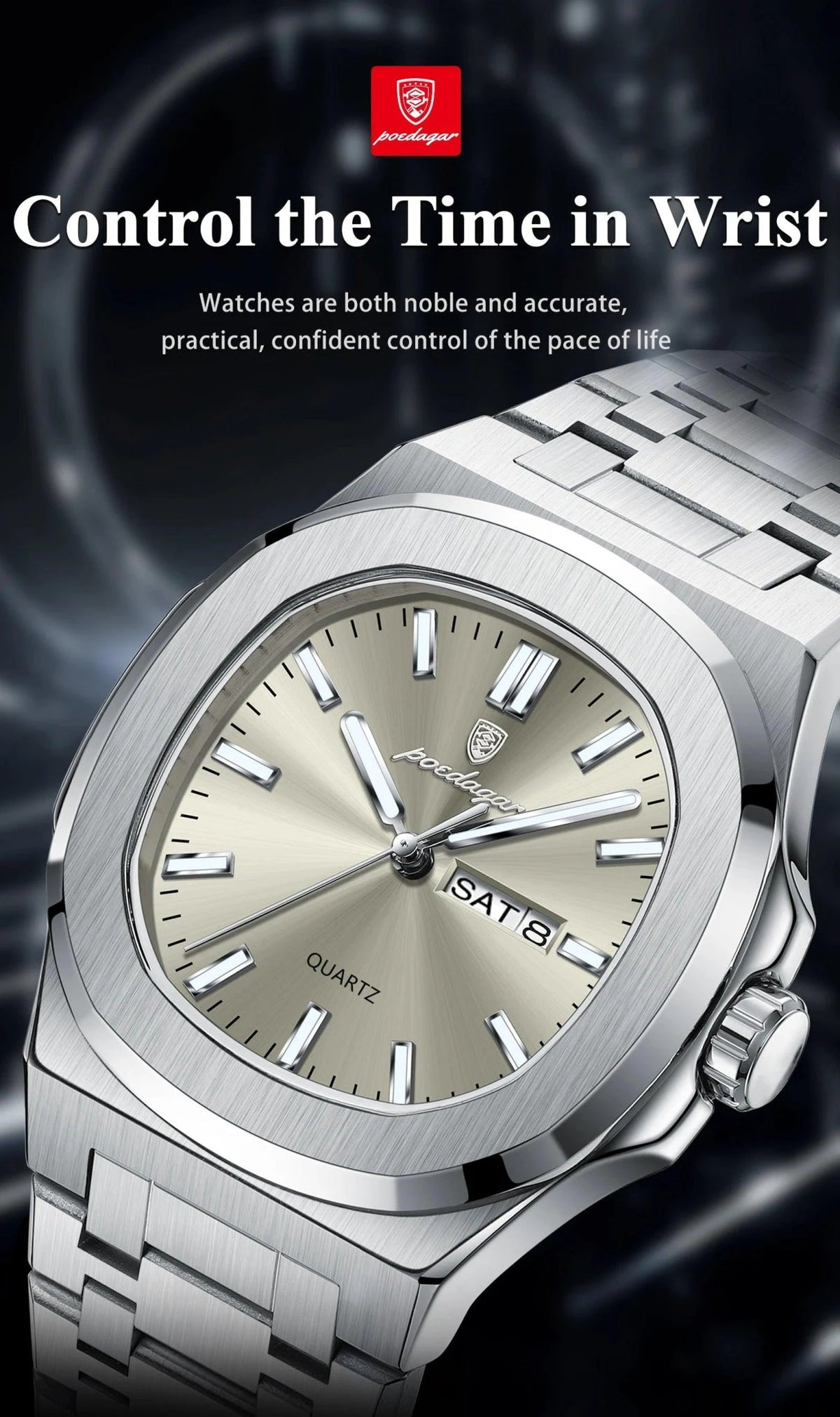 Mandotos POEDAGAR military square men's watch with stainless steel case, waterproof design, luminous dial, date, and week display.