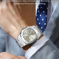 Mandotos POEDAGAR military square men's watch with stainless steel case, luminous dial, waterproof, date, and week display.