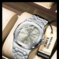Mandotos POEDAGAR military square men's watch with stainless steel case, waterproof design, luminous dial, and date and week display.
