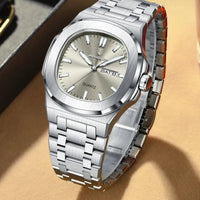 Mandotos POEDAGAR men's military square watch with stainless steel case, luminous dial, waterproof design, date and week display