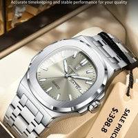 Mandotos POEDAGAR military square men's watch with stainless steel case, waterproof, luminous dial, date, and week display.