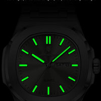 Mandotos POEDAGAR military square men's watch with stainless steel strap, waterproof, luminous dial, and date and week display.