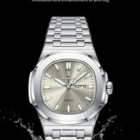 Mandotos POEDAGAR military square men's watch with stainless steel band, waterproof, luminous dial, date and week display.