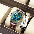 Mandotos POEDAGAR waterproof leather men's quartz watch with black dial and brown leather strap, stylish and durable timepiece.