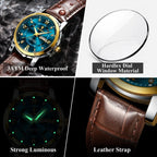 Mandotos POEDAGAR waterproof leather men's quartz watch with black dial and silver case, stylish and durable timepiece.