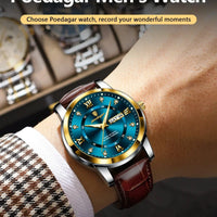 Mandotos POEDAGAR waterproof leather men's quartz watch showing a black dial and brown leather strap.