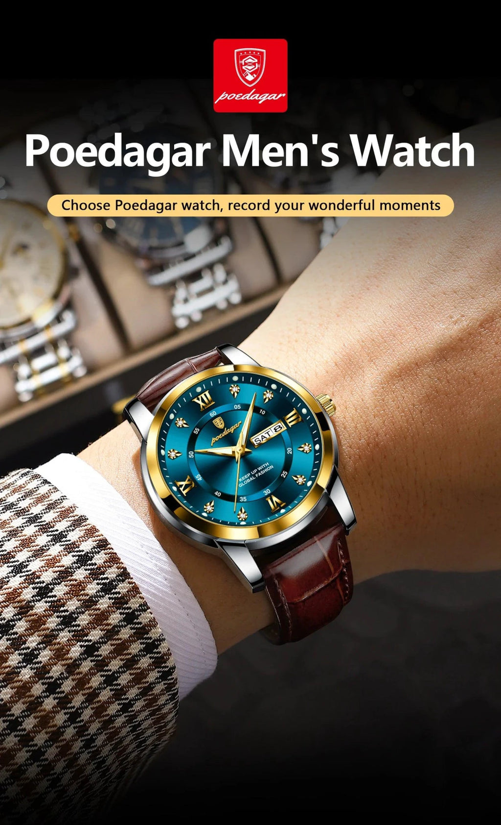 Mandotos POEDAGAR waterproof leather men's quartz watch showing a black dial and brown leather strap.