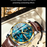 Mandotos POEDAGAR waterproof leather men's quartz watch with black dial and silver case, stylish and durable accessory.