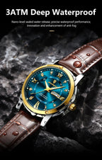 Mandotos POEDAGAR waterproof leather men's quartz watch with black dial and brown leather strap.