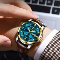 Mandotos POEDAGAR waterproof leather men's quartz watch with black strap and silver dial, stylish timepiece for men.