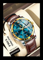 Mandotos POEDAGAR waterproof leather men's quartz watch with black dial and silver case, featuring a classic design.
