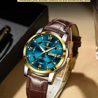 Mandotos POEDAGAR waterproof leather men's quartz watch with black dial and silver case on a wrist.