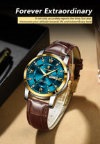 Mandotos POEDAGAR waterproof leather men's quartz watch with black dial and silver case on a wrist.