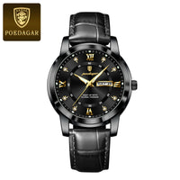 Mandotos POEDAGAR waterproof leather men's quartz watch with black dial and silver case.
