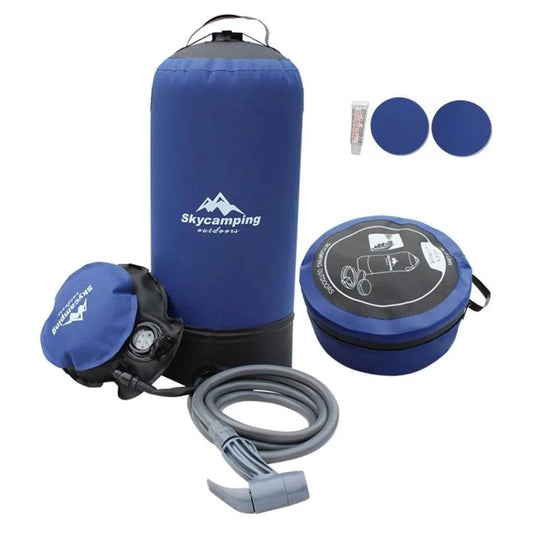 Mandotos portable outdoor shower kit with showerhead, hose, and adjustable nozzle for camping and outdoor use.