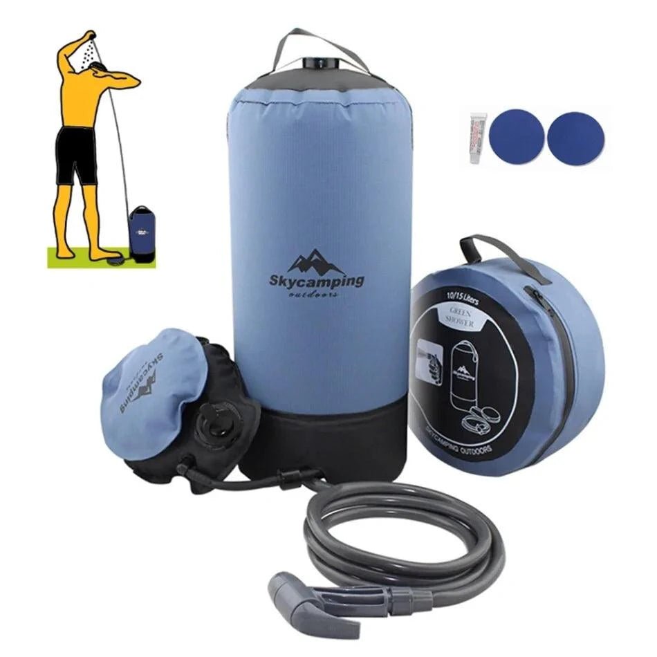 Mandotos portable outdoor shower kit with showerhead, hose, and pump for camping and outdoor use.